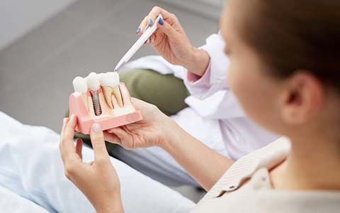 dentist showing a patient a model of a dental implant